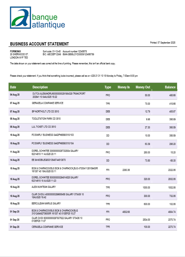 Déclaration du cabinet de la Banque Atlantique Format Word et PDF